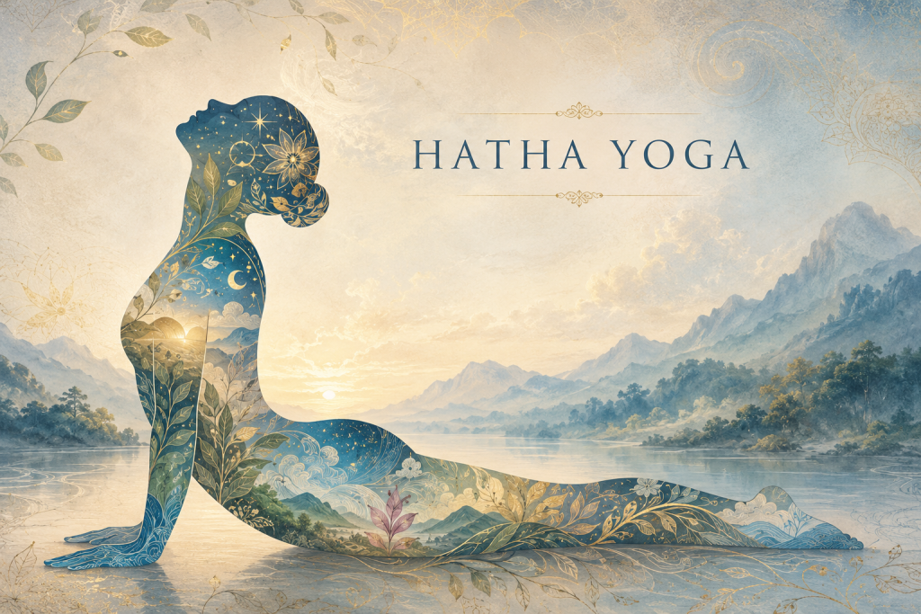Femme stylisée qui fait la posture du serpent en hatha yoga