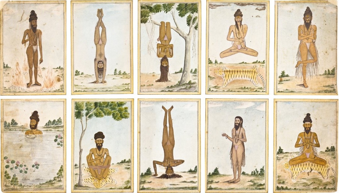 Peinture sur papier représentant dix petites scènes d'ascètes pratiquant la tapas