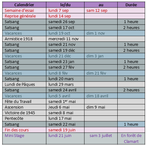 Tableau des satsangs 2026-2027