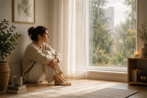femme accroupie au sol