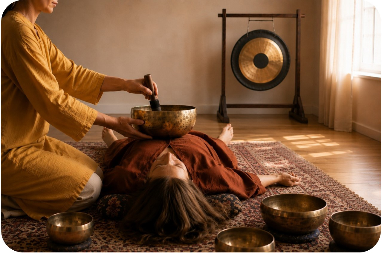 Massage sonore avec bol tibétain sur le corps